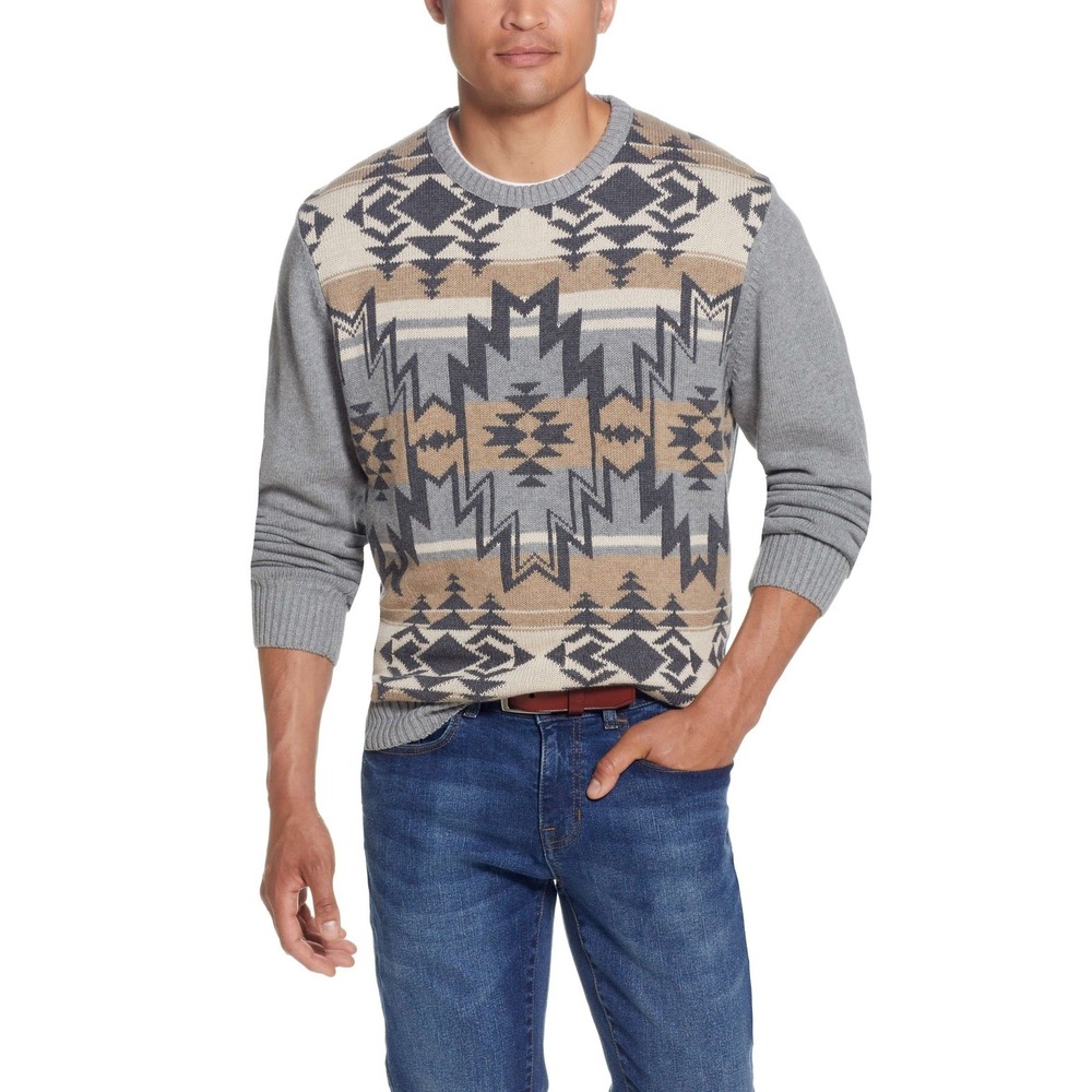 Weatherproof Vintage Southwest Aztec Knit Crewneck Sweater Gray L NWT Cotton